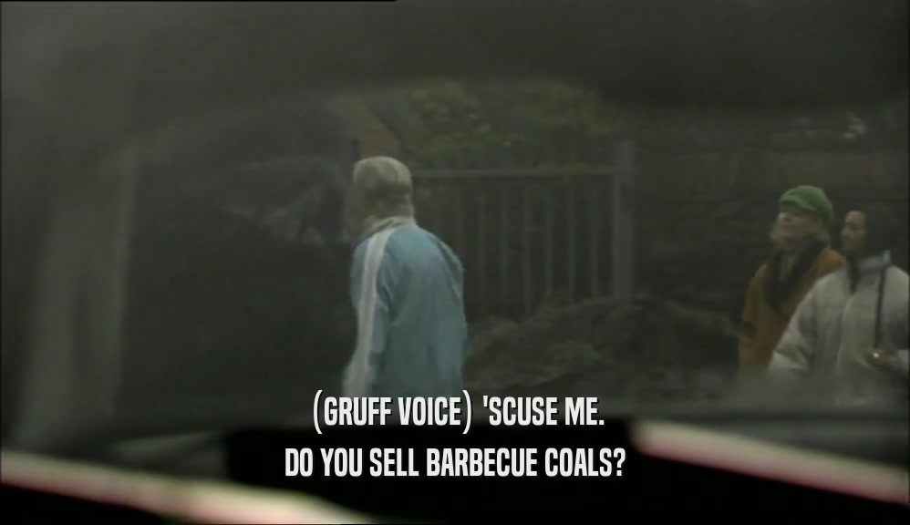 (GRUFF VOICE) 'SCUSE ME. DO YOU SELL BARBECUE COALS? 