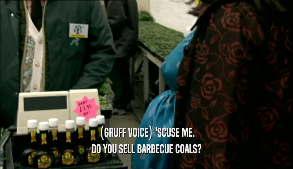 (GRUFF VOICE) 'SCUSE ME. DO YOU SELL BARBECUE COALS? 