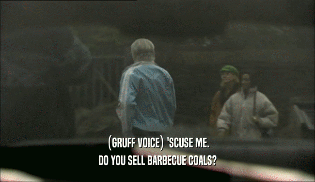 (GRUFF VOICE) 'SCUSE ME. DO YOU SELL BARBECUE COALS? 