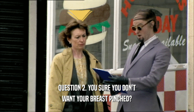QUESTION 2. YOU SURE YOU DON'T
 WANT YOUR BREAST PINCHED?
 