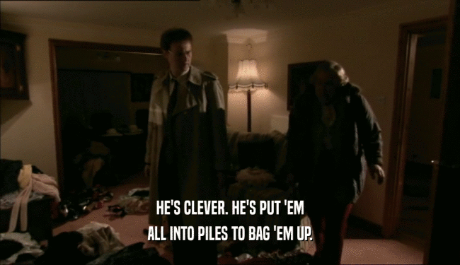 HE'S CLEVER. HE'S PUT 'EM ALL INTO PILES TO BAG 'EM UP. 