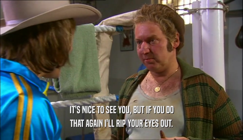 IT'S NICE TO SEE YOU, BUT IF YOU DO THAT AGAIN I'LL RIP YOUR EYES OUT. 