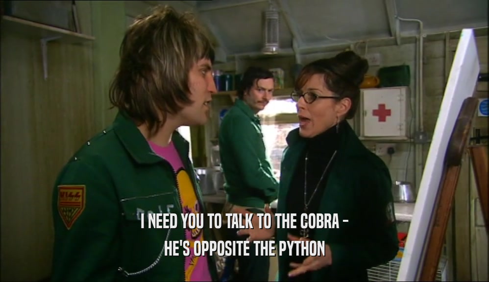 I NEED YOU TO TALK TO THE COBRA - HE'S OPPOSITE THE PYTHON 