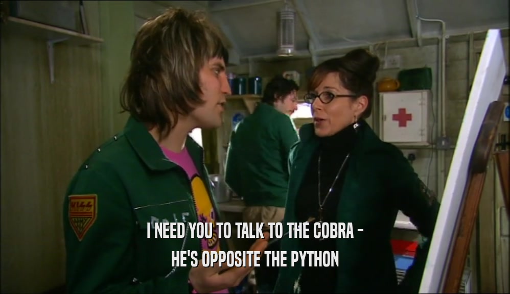 I NEED YOU TO TALK TO THE COBRA - HE'S OPPOSITE THE PYTHON 