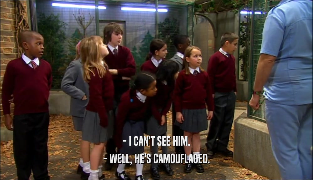 - I CAN'T SEE HIM.
 - WELL, HE'S CAMOUFLAGED.
 