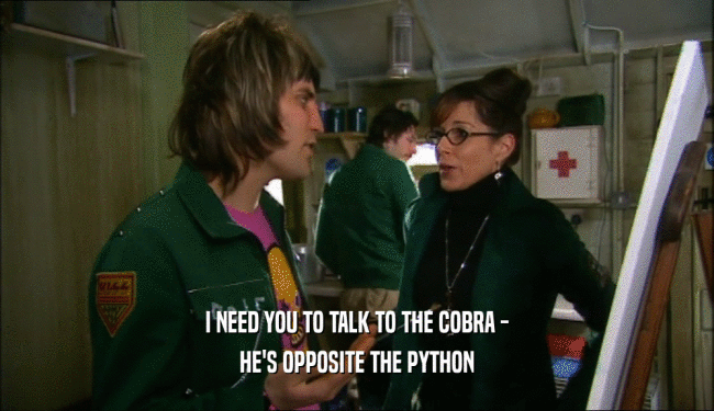 I NEED YOU TO TALK TO THE COBRA - HE'S OPPOSITE THE PYTHON 