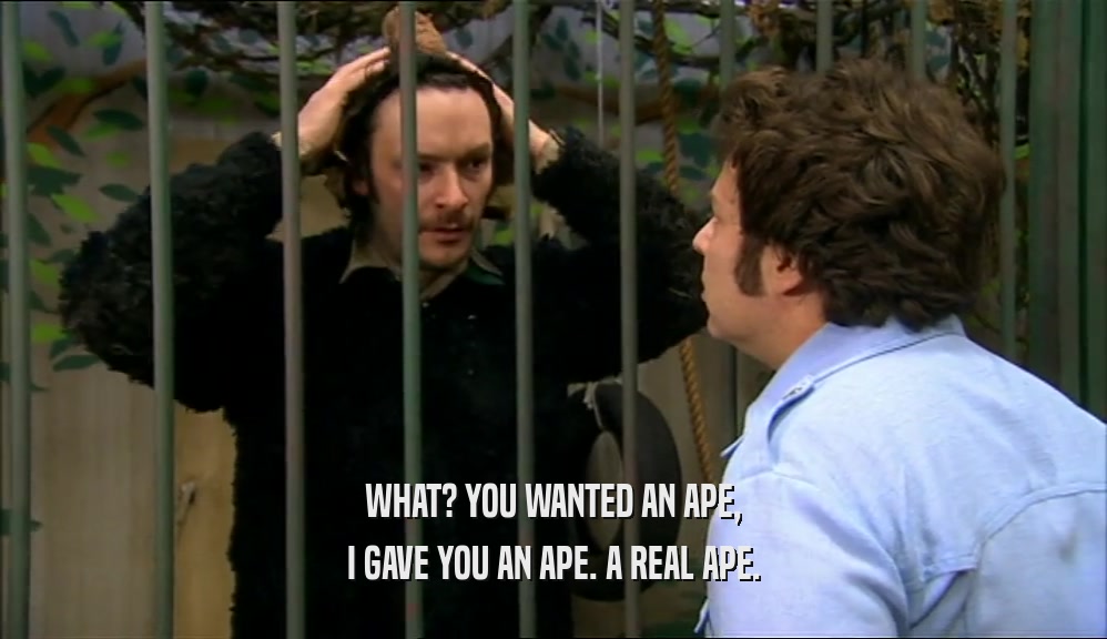 WHAT? YOU WANTED AN APE, I GAVE YOU AN APE. A REAL APE. 