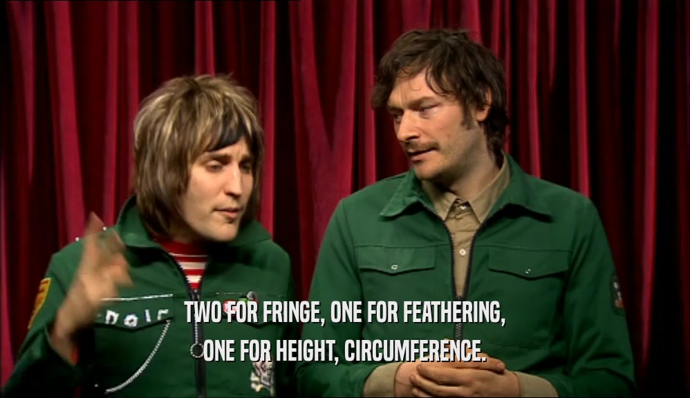 TWO FOR FRINGE, ONE FOR FEATHERING, ONE FOR HEIGHT, CIRCUMFERENCE. 
