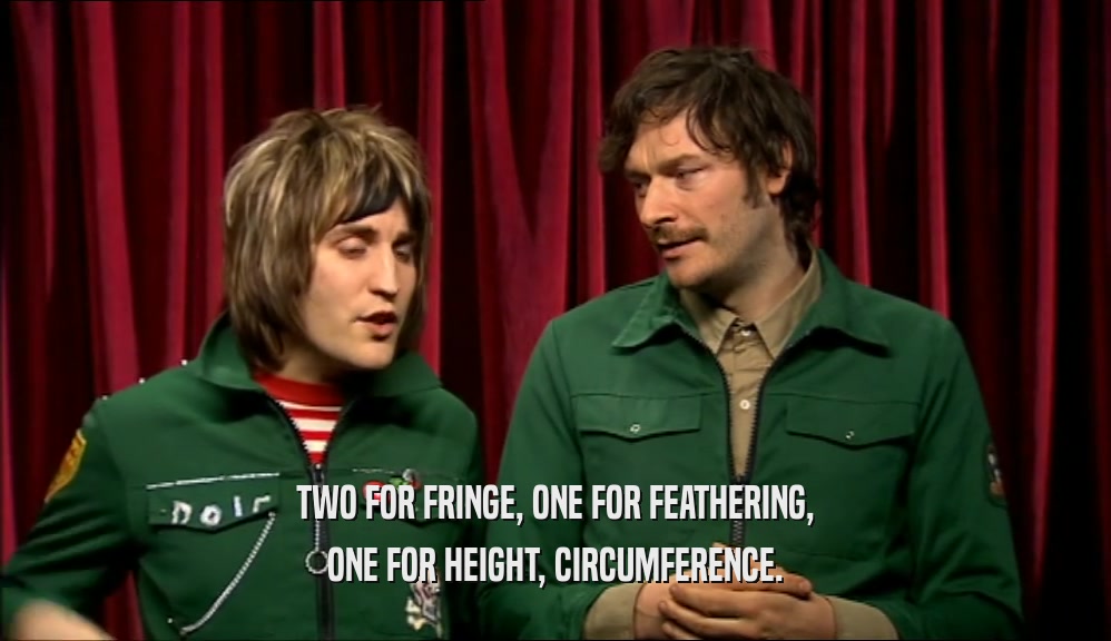 TWO FOR FRINGE, ONE FOR FEATHERING, ONE FOR HEIGHT, CIRCUMFERENCE. 