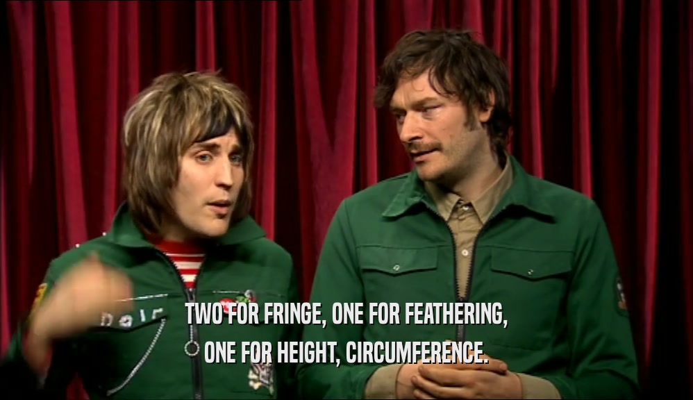 TWO FOR FRINGE, ONE FOR FEATHERING, ONE FOR HEIGHT, CIRCUMFERENCE. 