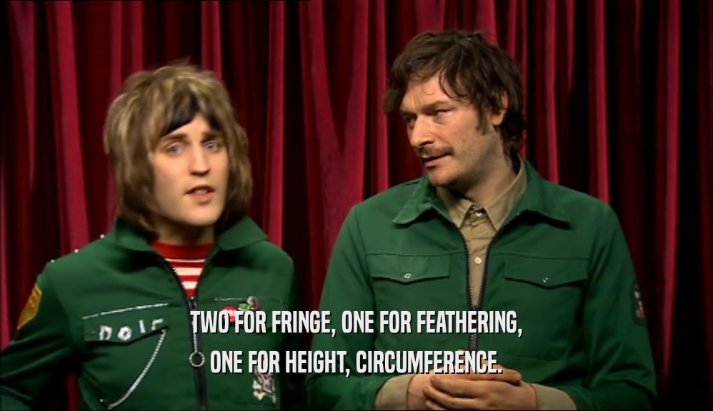 TWO FOR FRINGE, ONE FOR FEATHERING, ONE FOR HEIGHT, CIRCUMFERENCE. 