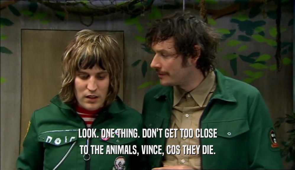 LOOK. ONE THING. DON'T GET TOO CLOSE TO THE ANIMALS, VINCE, COS THEY DIE. 