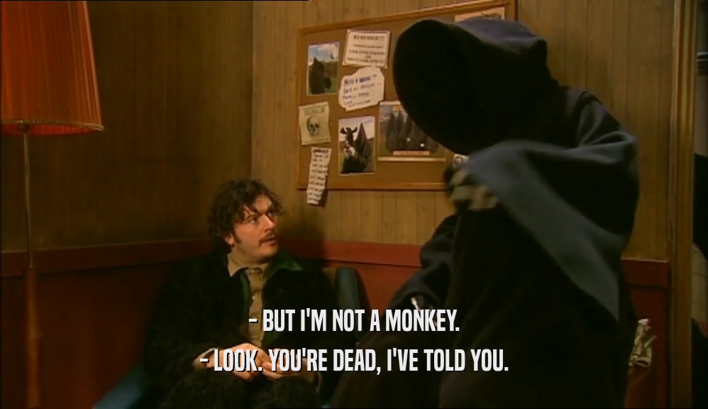 - BUT I'M NOT A MONKEY. - LOOK. YOU'RE DEAD, I'VE TOLD YOU. 