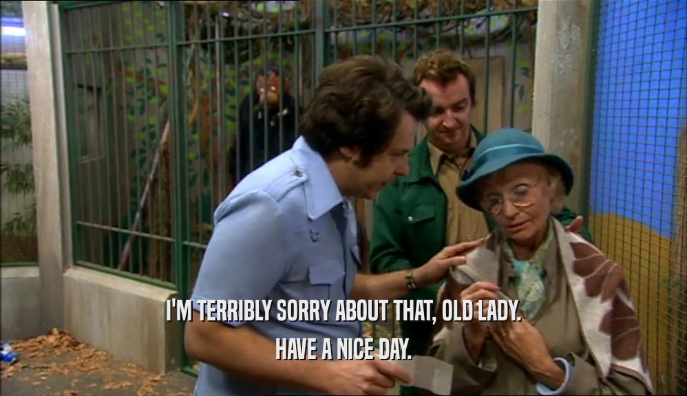 I'M TERRIBLY SORRY ABOUT THAT, OLD LADY. HAVE A NICE DAY. 