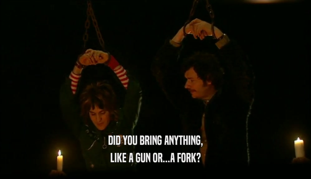 DID YOU BRING ANYTHING, LIKE A GUN OR...A FORK? 