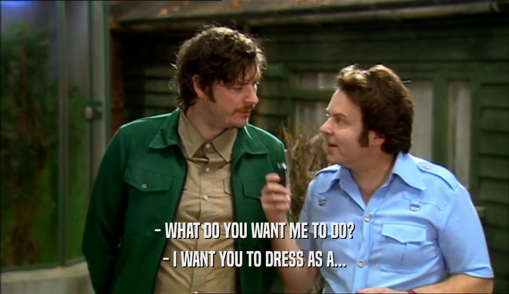 - WHAT DO YOU WANT ME TO DO?
 - I WANT YOU TO DRESS AS A...
 