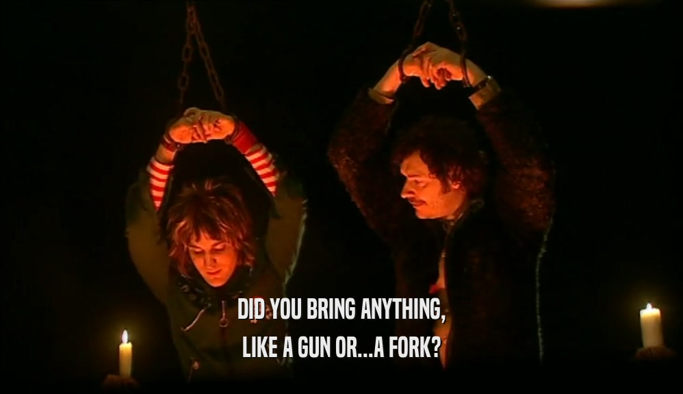 DID YOU BRING ANYTHING, LIKE A GUN OR...A FORK? 