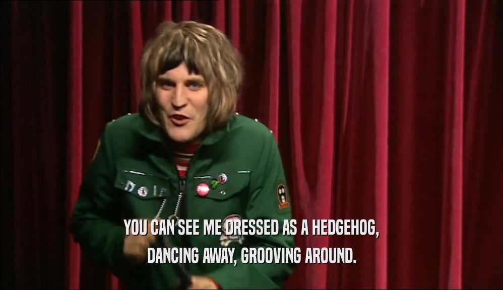 YOU CAN SEE ME DRESSED AS A HEDGEHOG, DANCING AWAY, GROOVING AROUND. 
