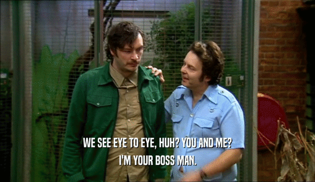 WE SEE EYE TO EYE, HUH? YOU AND ME? I'M YOUR BOSS MAN. 