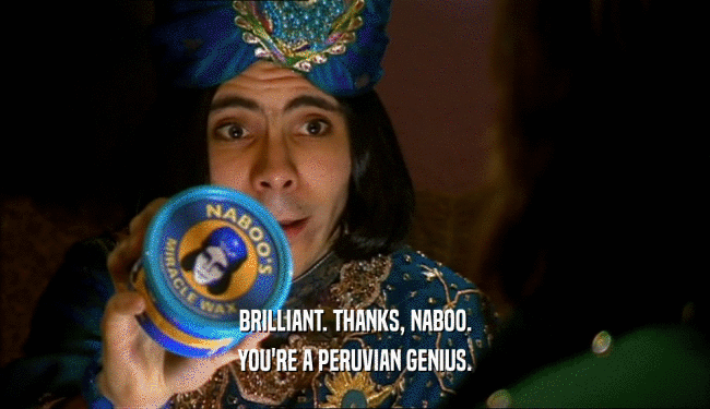 BRILLIANT. THANKS, NABOO. YOU'RE A PERUVIAN GENIUS. 