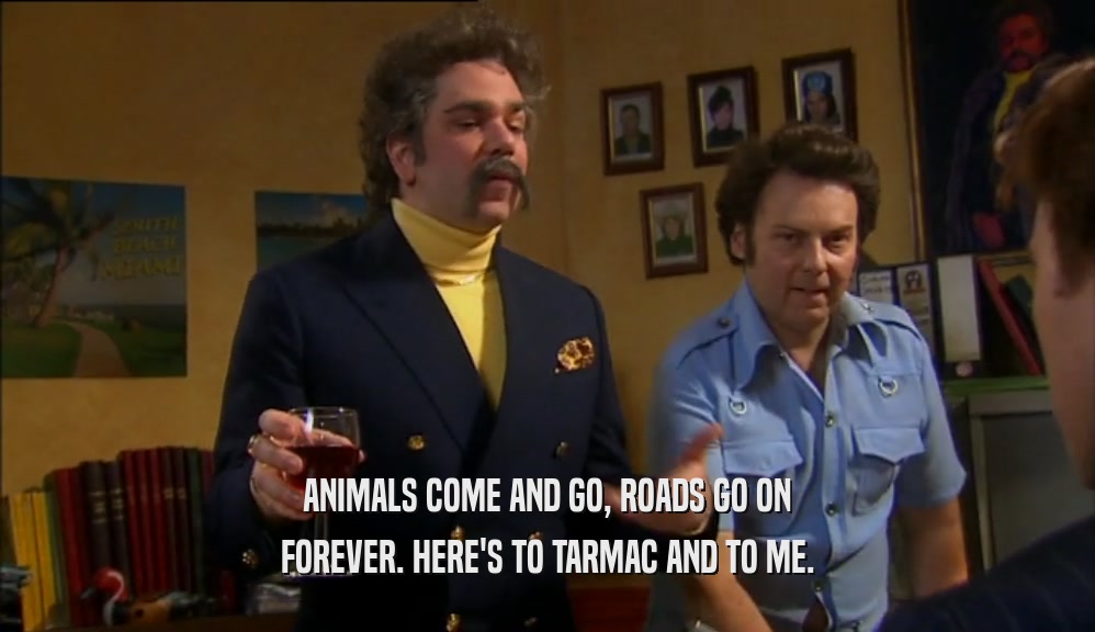 ANIMALS COME AND GO, ROADS GO ON FOREVER. HERE'S TO TARMAC AND TO ME. 