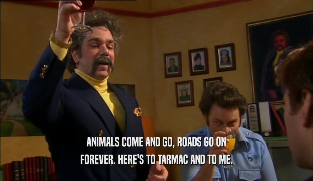 ANIMALS COME AND GO, ROADS GO ON FOREVER. HERE'S TO TARMAC AND TO ME. 