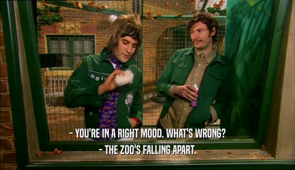 - YOU'RE IN A RIGHT MOOD. WHAT'S WRONG? - THE ZOO'S FALLING APART. 