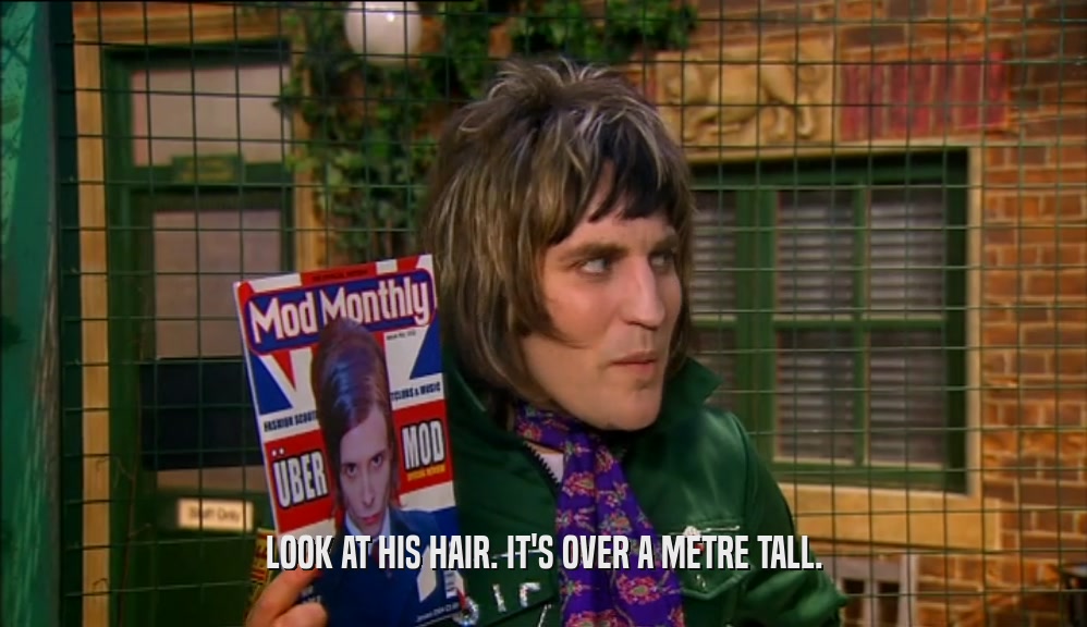 LOOK AT HIS HAIR. IT'S OVER A METRE TALL.  