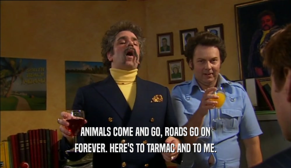 ANIMALS COME AND GO, ROADS GO ON FOREVER. HERE'S TO TARMAC AND TO ME. 
