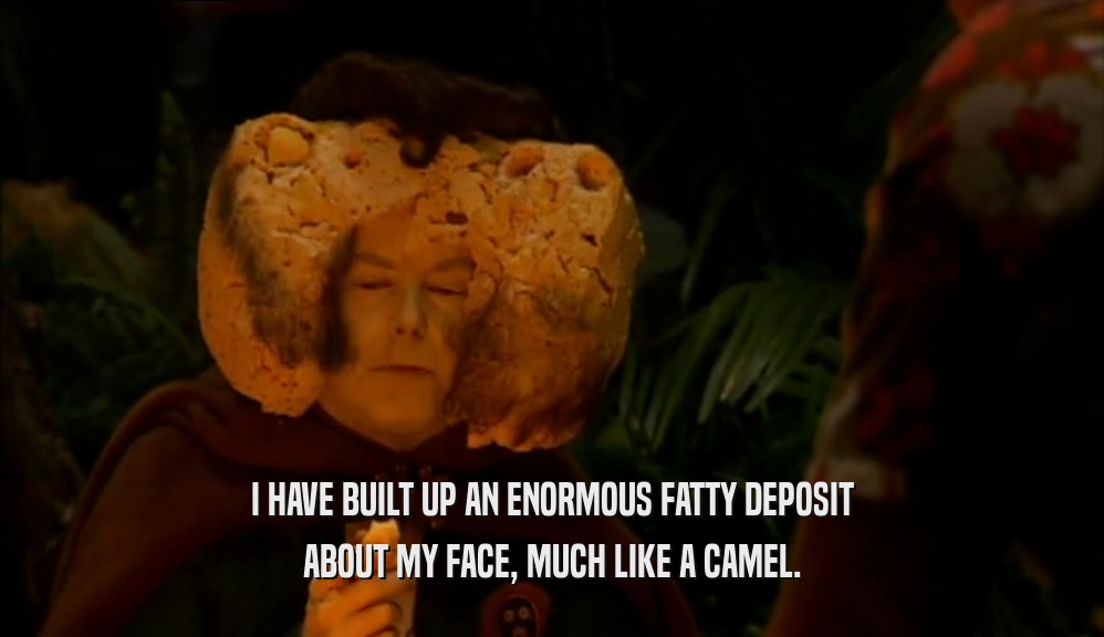 I HAVE BUILT UP AN ENORMOUS FATTY DEPOSIT ABOUT MY FACE, MUCH LIKE A CAMEL. 