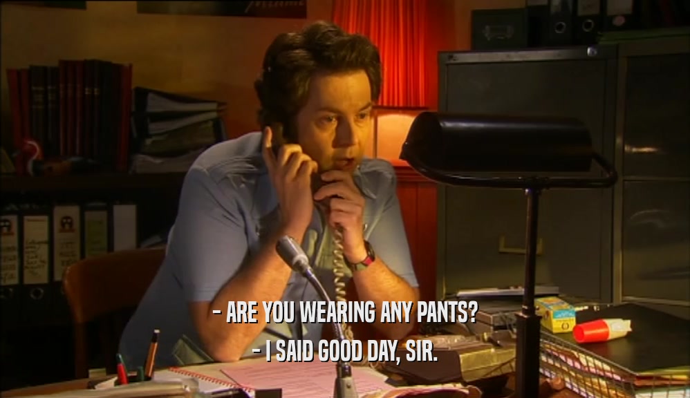 - ARE YOU WEARING ANY PANTS?
 - I SAID GOOD DAY, SIR.
 