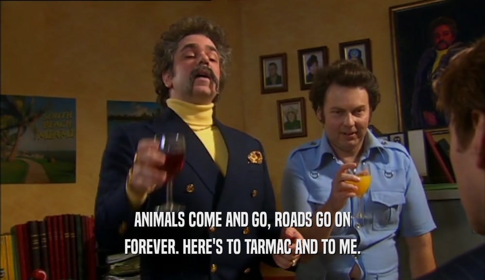ANIMALS COME AND GO, ROADS GO ON FOREVER. HERE'S TO TARMAC AND TO ME. 