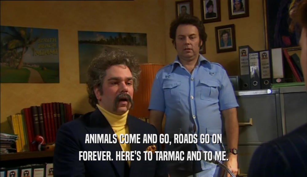 ANIMALS COME AND GO, ROADS GO ON FOREVER. HERE'S TO TARMAC AND TO ME. 
