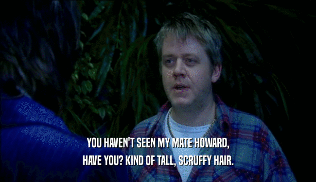 YOU HAVEN'T SEEN MY MATE HOWARD,
 HAVE YOU? KIND OF TALL, SCRUFFY HAIR.
 