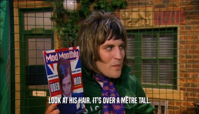 LOOK AT HIS HAIR. IT'S OVER A METRE TALL.  
