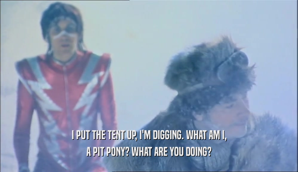 I PUT THE TENT UP, I'M DIGGING. WHAT AM I, A PIT PONY? WHAT ARE YOU DOING? 