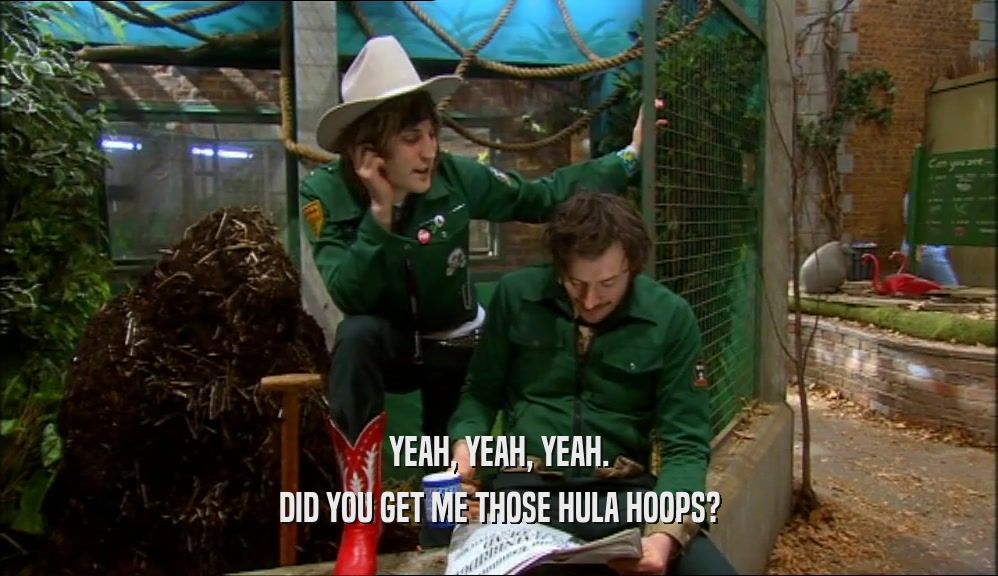 YEAH, YEAH, YEAH. DID YOU GET ME THOSE HULA HOOPS? 