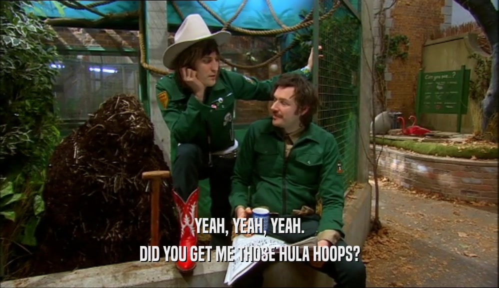 YEAH, YEAH, YEAH. DID YOU GET ME THOSE HULA HOOPS? 