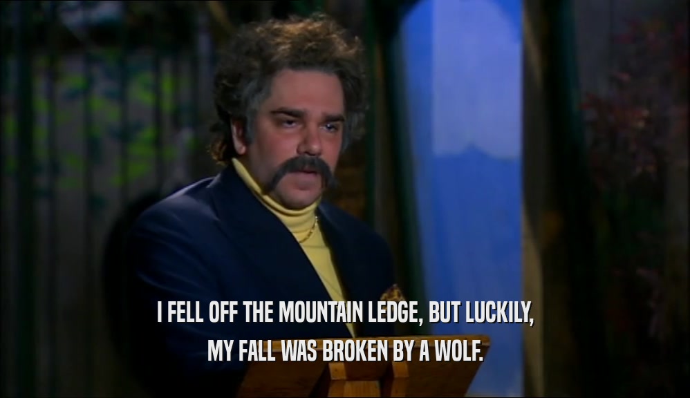 I FELL OFF THE MOUNTAIN LEDGE, BUT LUCKILY, MY FALL WAS BROKEN BY A WOLF. 