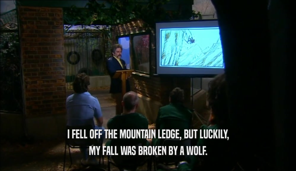 I FELL OFF THE MOUNTAIN LEDGE, BUT LUCKILY, MY FALL WAS BROKEN BY A WOLF. 