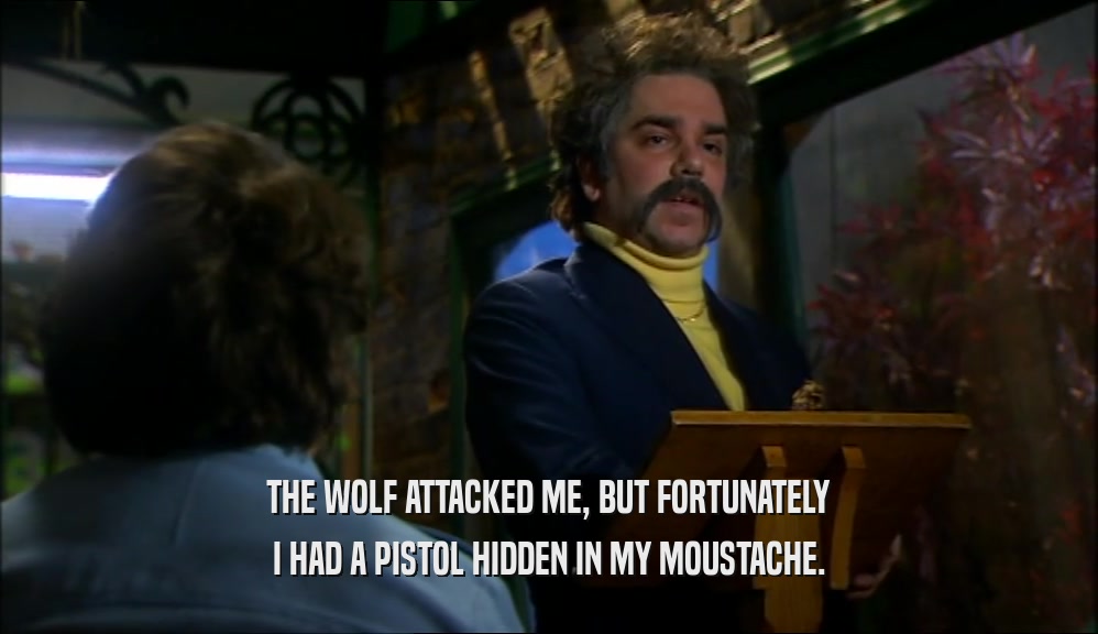 THE WOLF ATTACKED ME, BUT FORTUNATELY I HAD A PISTOL HIDDEN IN MY MOUSTACHE. 