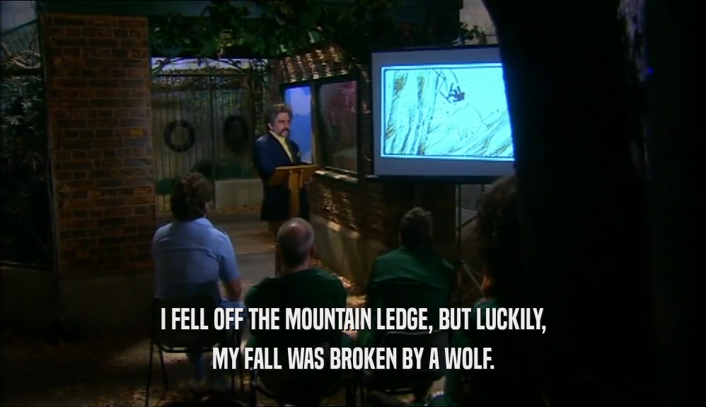 I FELL OFF THE MOUNTAIN LEDGE, BUT LUCKILY, MY FALL WAS BROKEN BY A WOLF. 