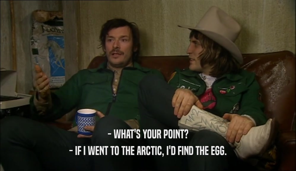 - WHAT'S YOUR POINT?
 - IF I WENT TO THE ARCTIC, I'D FIND THE EGG.
 