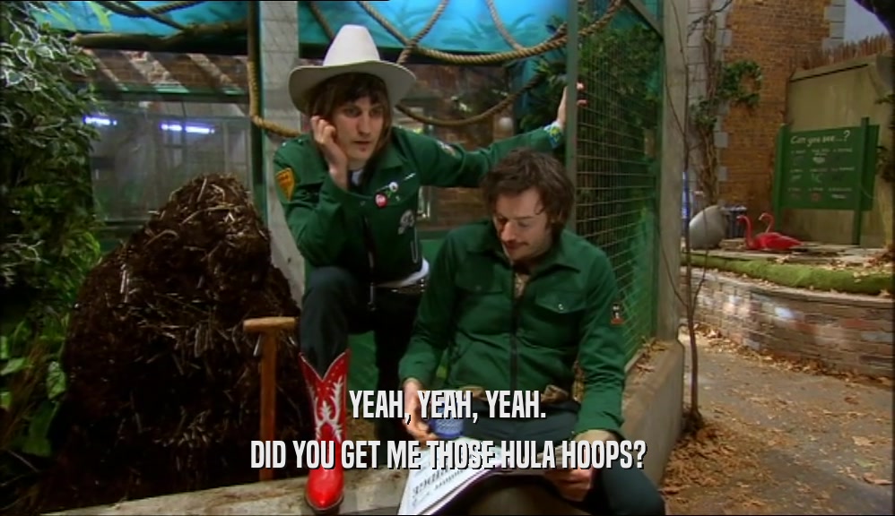YEAH, YEAH, YEAH. DID YOU GET ME THOSE HULA HOOPS? 