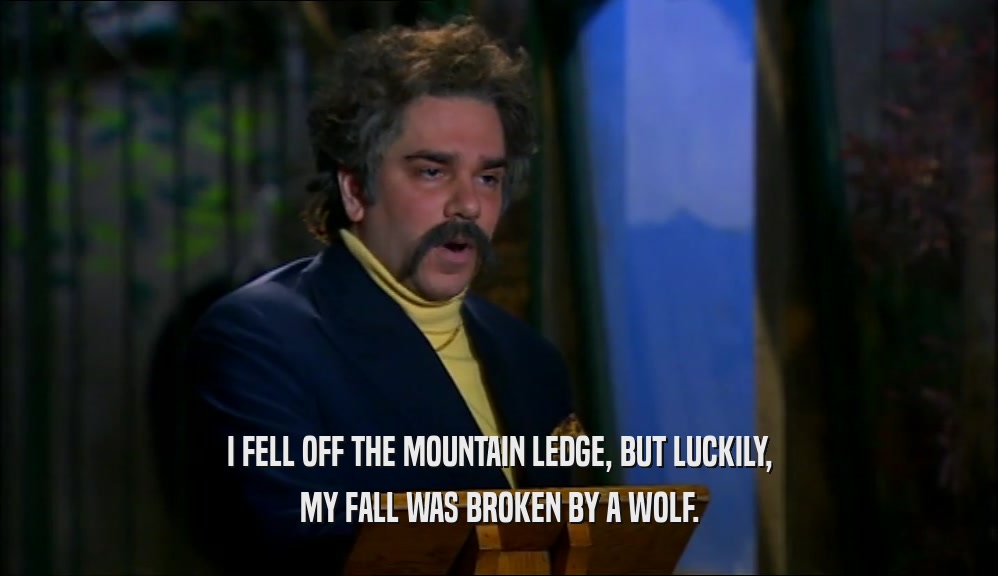 I FELL OFF THE MOUNTAIN LEDGE, BUT LUCKILY, MY FALL WAS BROKEN BY A WOLF. 