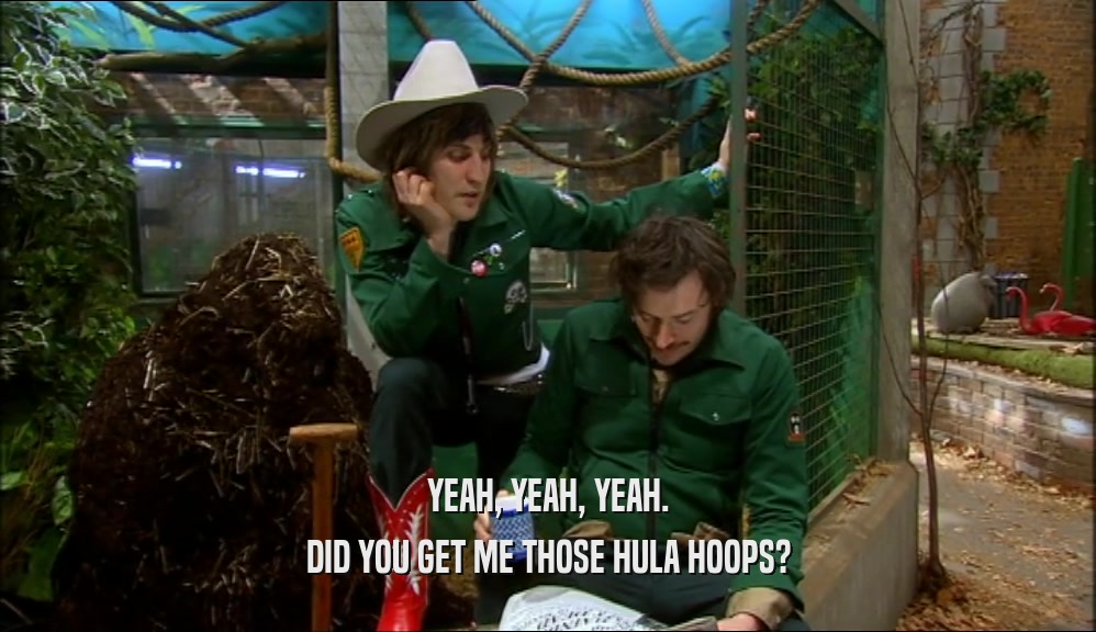 YEAH, YEAH, YEAH. DID YOU GET ME THOSE HULA HOOPS? 