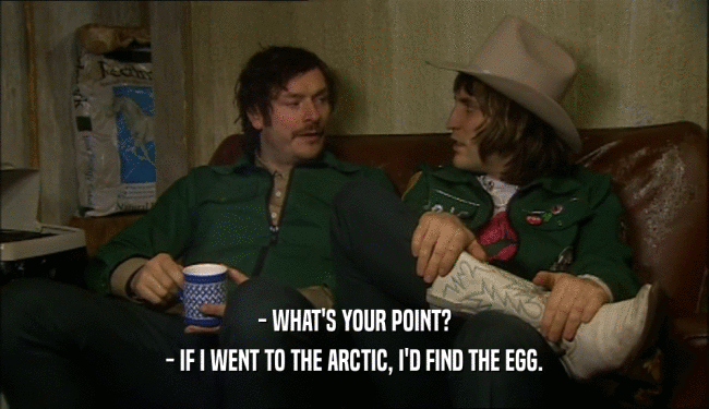 - WHAT'S YOUR POINT?
 - IF I WENT TO THE ARCTIC, I'D FIND THE EGG.
 