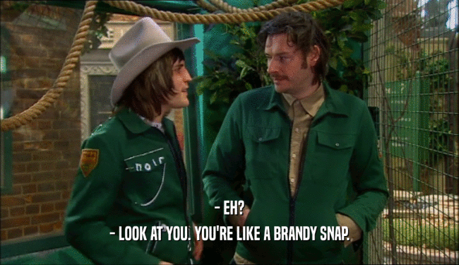 - EH?
 - LOOK AT YOU. YOU'RE LIKE A BRANDY SNAP.
 