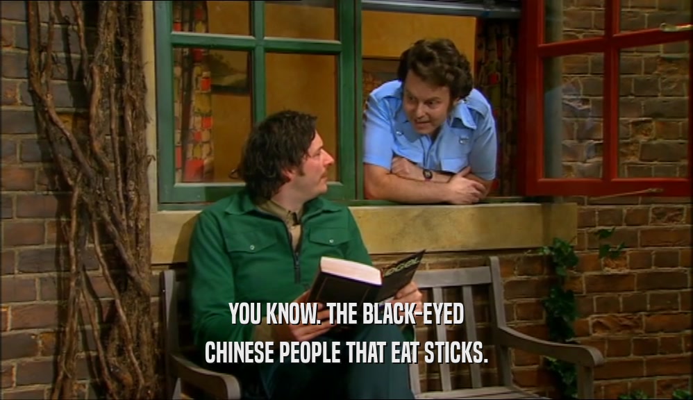 YOU KNOW. THE BLACK-EYED CHINESE PEOPLE THAT EAT STICKS. 