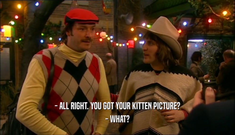 - ALL RIGHT. YOU GOT YOUR KITTEN PICTURE?
 - WHAT?
 